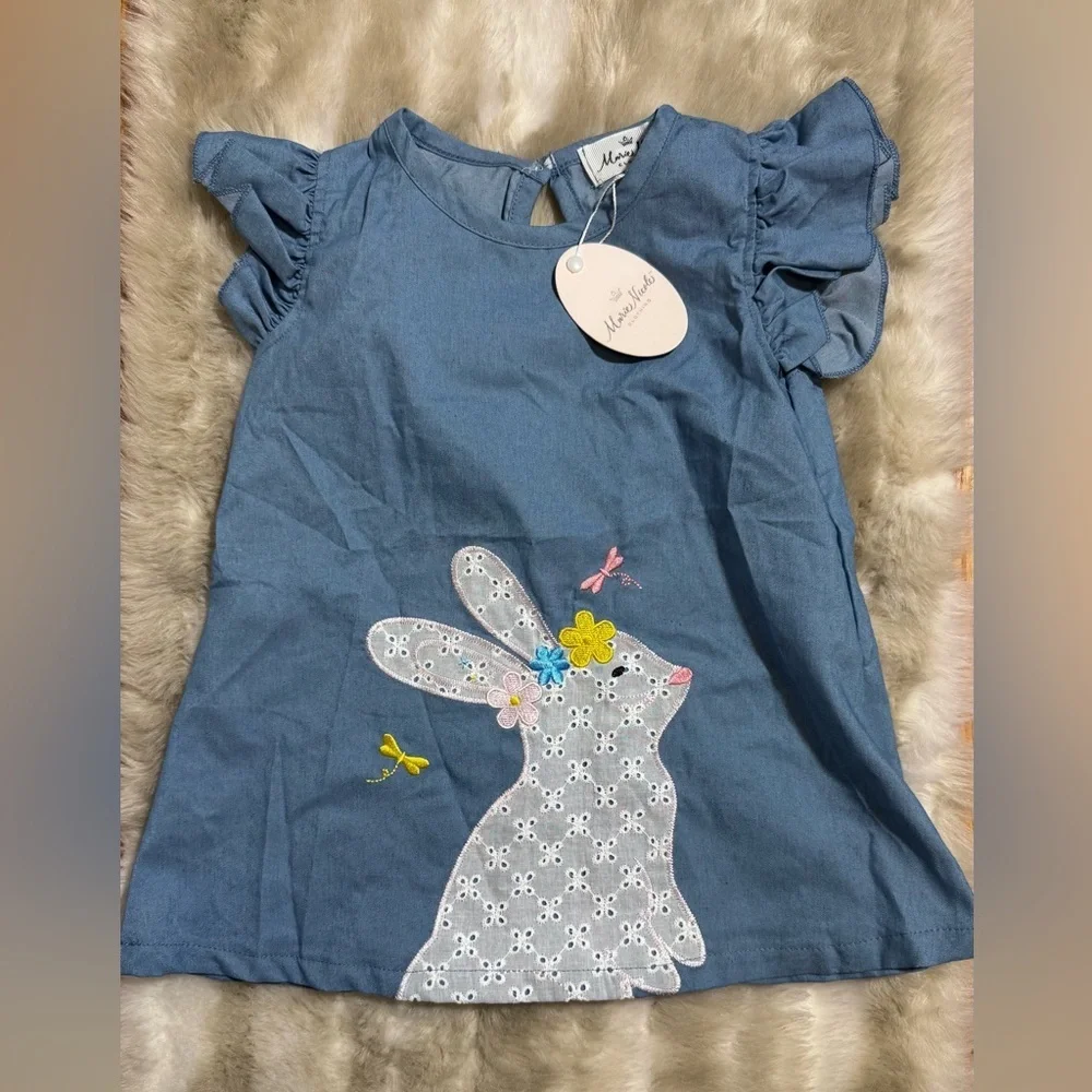 NWT Boutique Marie Nicole Chambray Tunic Embroidered Eyelet Bunny Size 4 - Picture 1 of 2